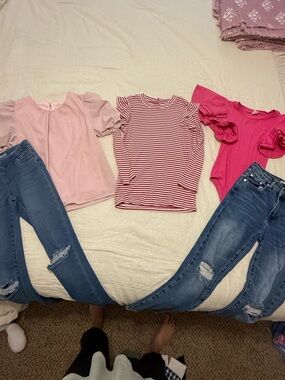 Youth Girls Boutique Bundle- Tractr Denim + Pink Ruffle & Striped Tops